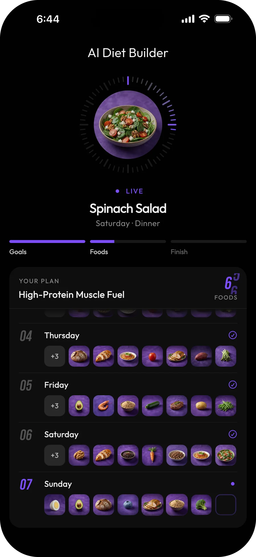 AI Diet Builder filling in a week of high-protein meals, day by day