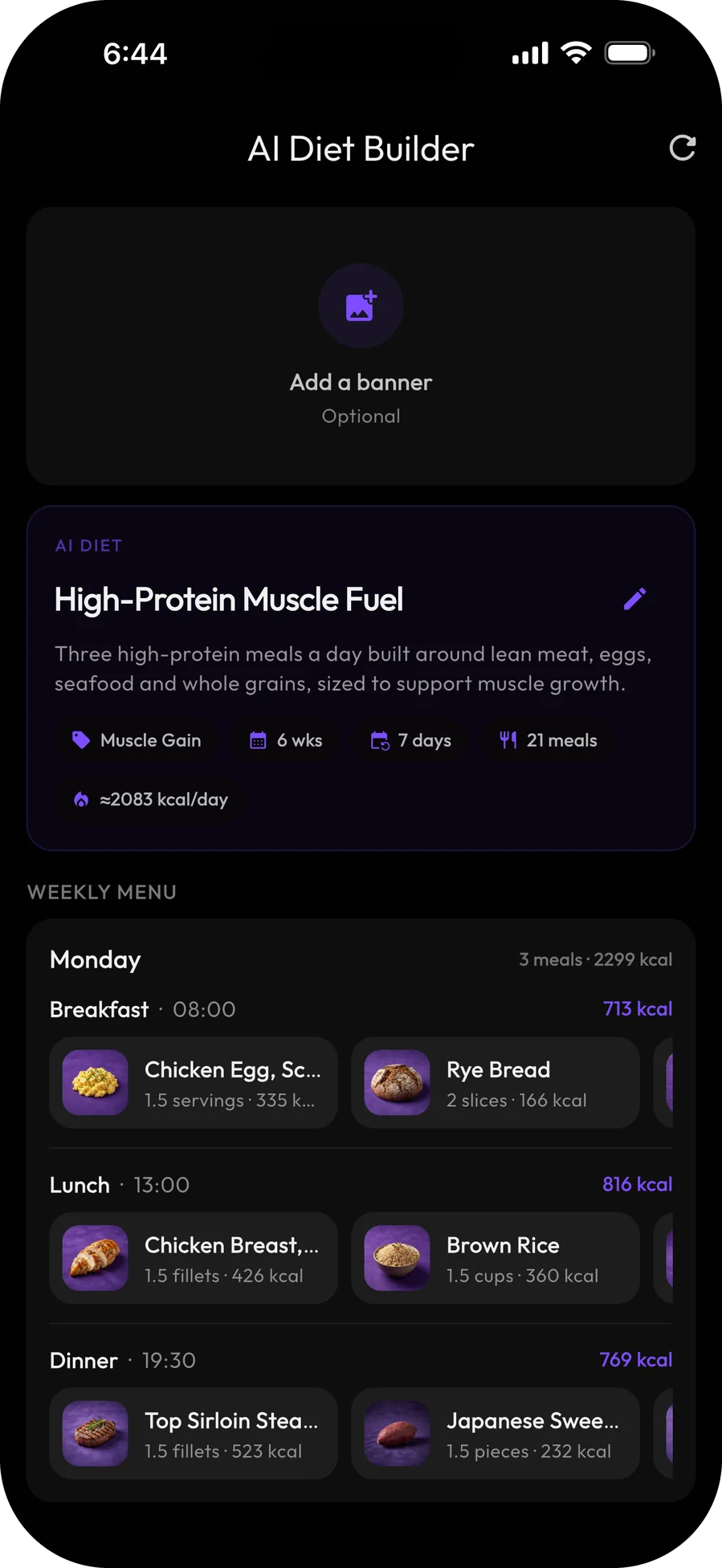 A High-Protein Muscle Fuel meal plan listing breakfast, lunch and dinner with the calories of every food