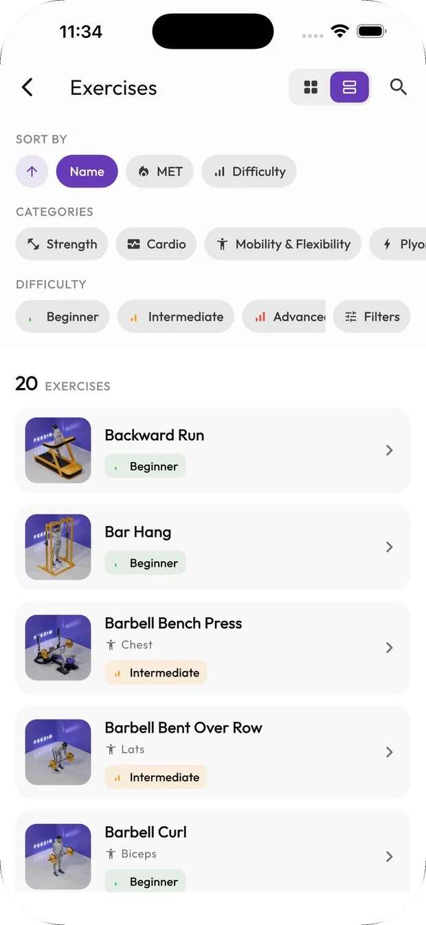 The exercise catalog with difficulty levels from beginner to advanced