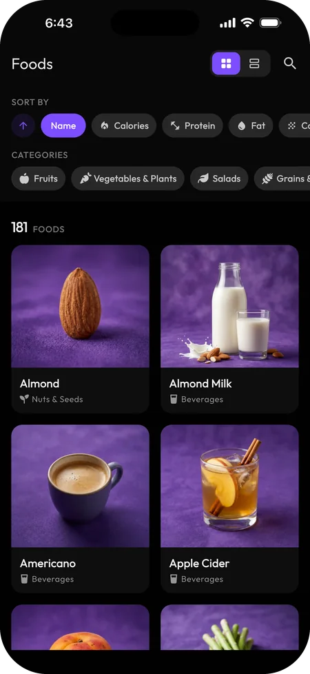 The foods catalog showing 181 foods as a photo grid, sortable by name, calories, protein and fat