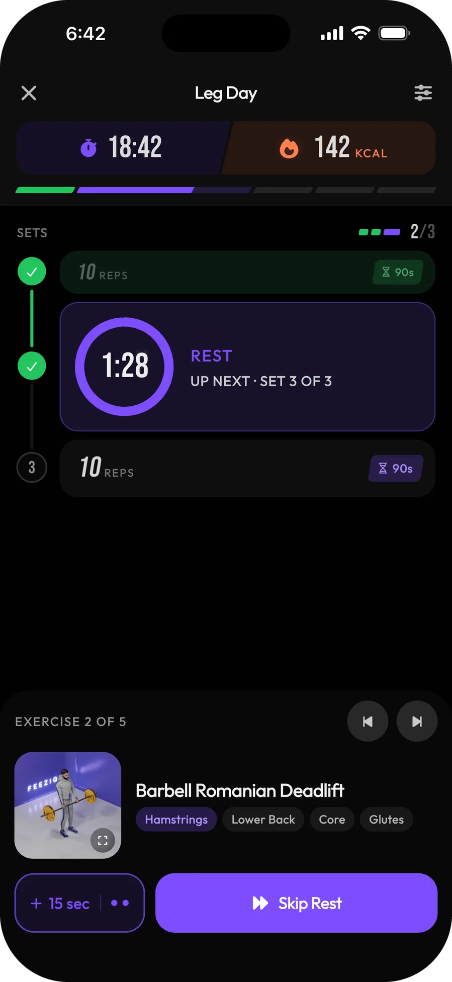 A guided Leg Day session resting between sets of Barbell Romanian Deadlifts, with the session timer and calories burned so far
